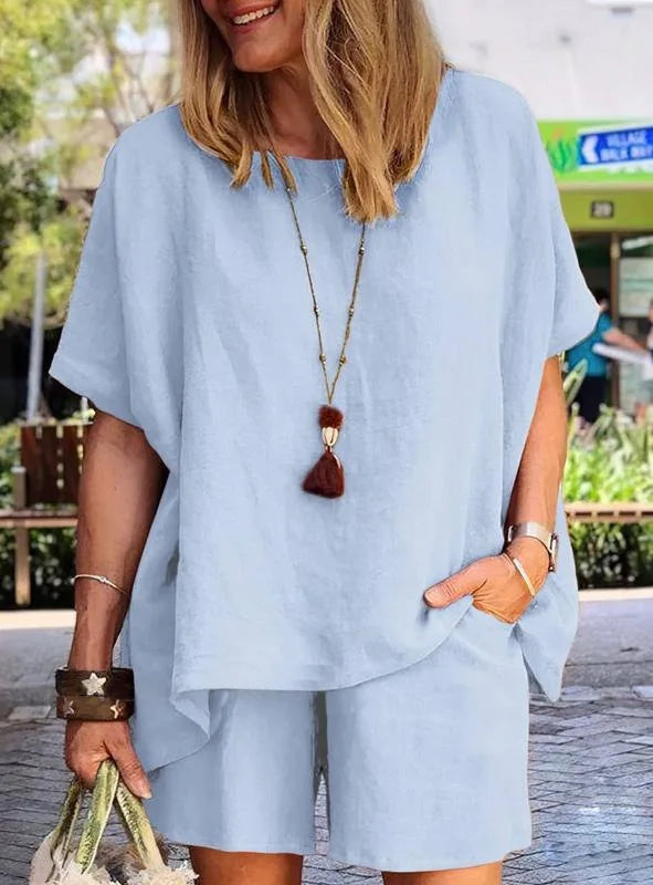 Cotton-Linen Two-Piece Set Plus Size Relaxed-Fit Short-Sleeve Top And Shorts — Steel-Blue | KIMLUD