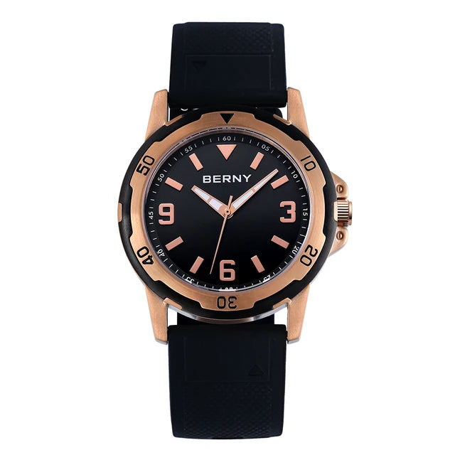 BERNY Watches for Men Luminous Casual Sport Quartz Men's Watch Waterproof Wristwatch Soft silicone Strap Brass Case Easy Read