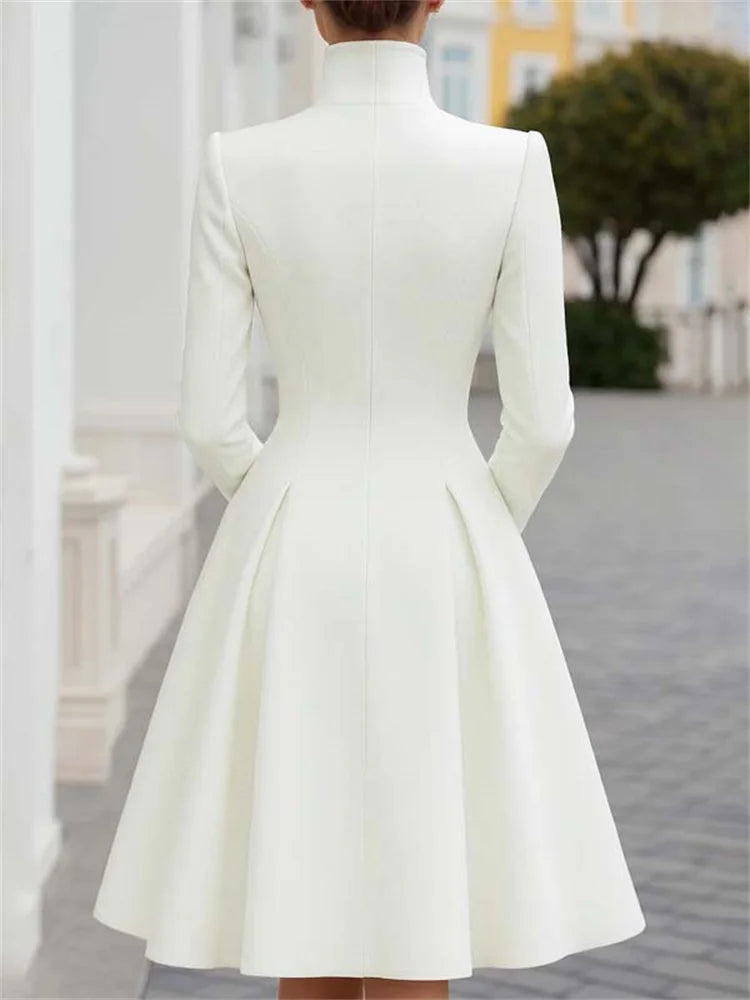 Evening Coat Dress - Double Breasted - A-Line - White | KIMLUD