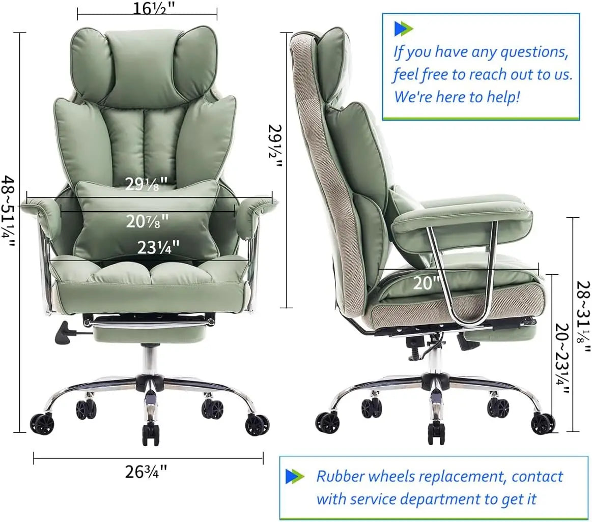 Heavy-Duty Executive Office Chair with Footrest - 400lbs Capacity, Reclining Back, Light Green Leather