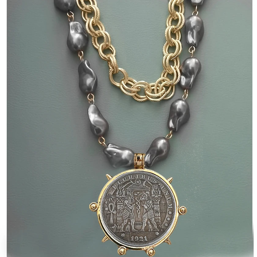 Choker Necklace - Coin Charm Pendant - Cubic Zirconia - Grey | KIMLUD