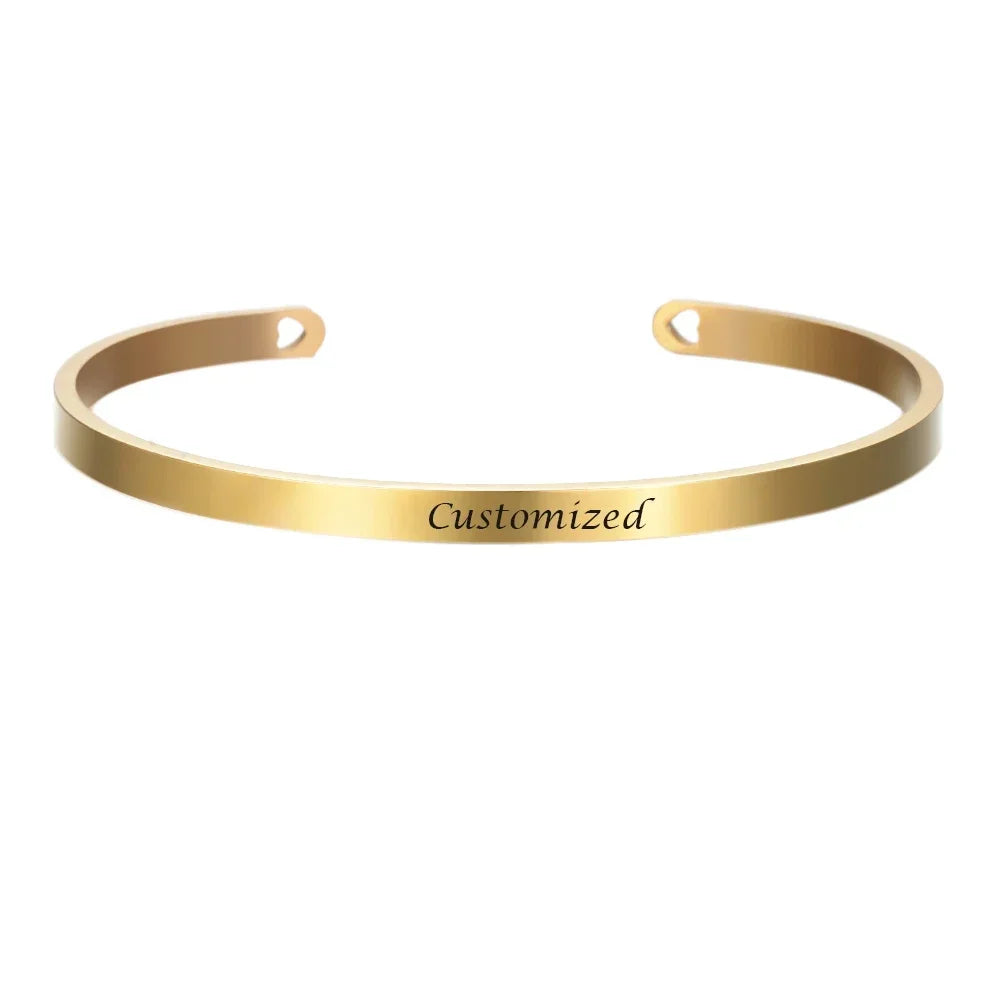 Stainless Steel Engraved Name Text Heart Cuff — Silver | KIMLUD