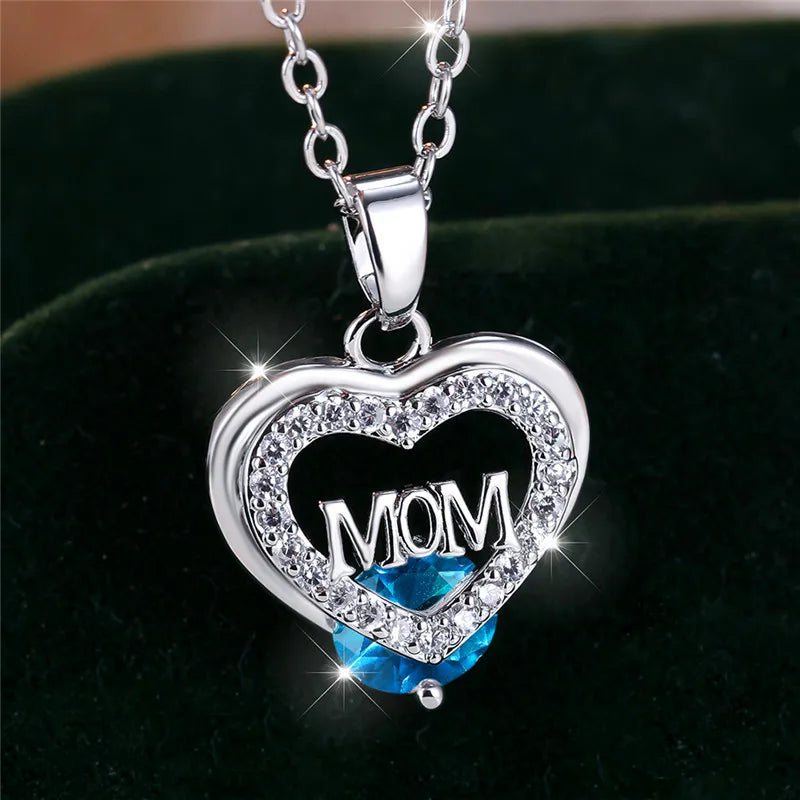 Crystal Luxury White Zircon Stone Heart Mom Letter Pendant Necklace Vintage Wedding Jewelry For Women Mother's Day Gift