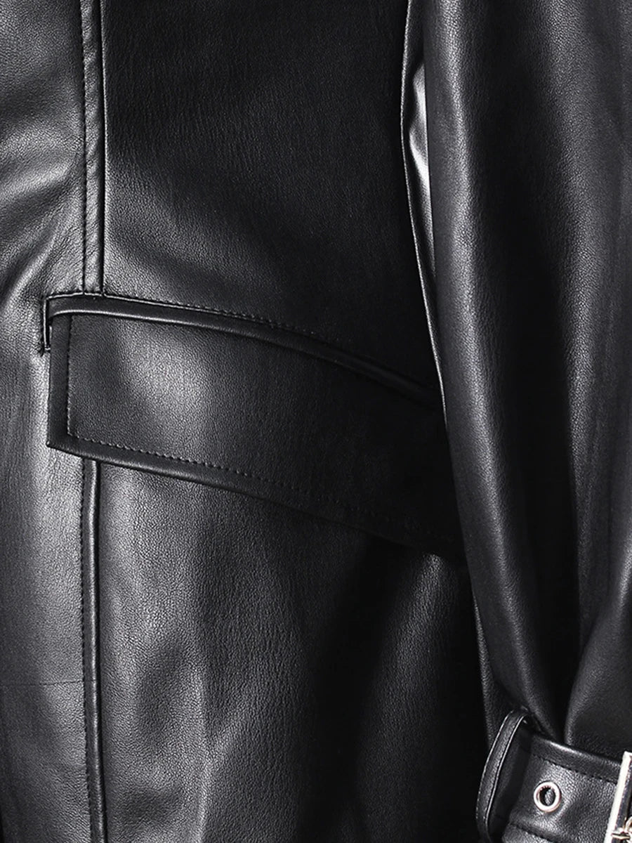 Leather Patchwork Jacket — Lapel Long Sleeve Black | KIMLUD