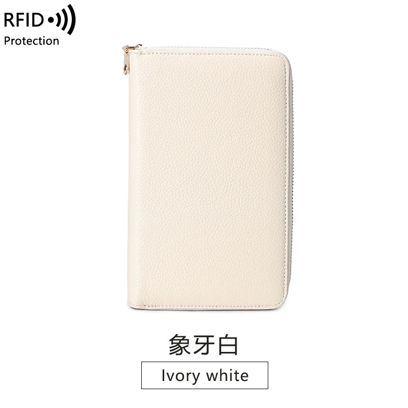 RFID Anti-Theft Cowhide Leather Wallet — Long Passbook Card Slots Black | KIMLUD