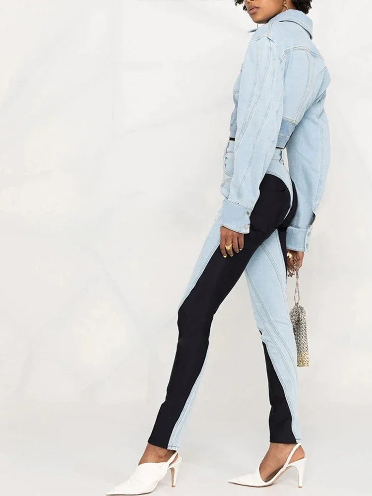 Patchwork Colorblock Women's Jeans High Waist Slim Casual Straight Denim Pencil Pants Female Fashion