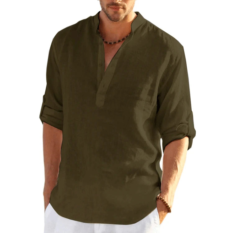 New Men's Linen Long Sleeve T-Shirt Solid Color Loose Casual Shirt Long Sleeve Cotton Linen Shirt - KIMLUD
