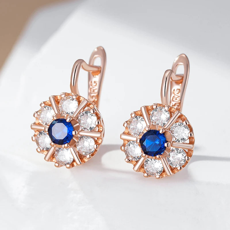 Rose Gold Floral Halo Earrings With Cobalt Heart — Rose Gold | KIMLUD