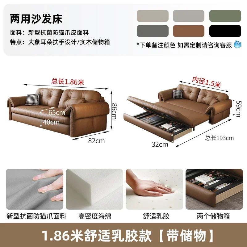Faux Leather Sofa Bed Italian Modern Silhouette With Convertible Chaise Lounge — Brown | KIMLUD