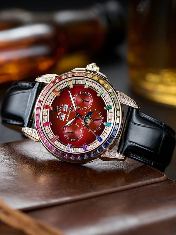 Leather Automatic Wristwatch 40mm Luminous Bezel — Chocolate Brown | KIMLUD