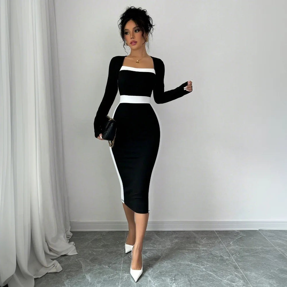 Autumn Winter Sweater Dress for Women 2024 New Arrivals Square Neck High Waist Long Knitted Dress Korean Maxi Dresses - KIMLUD
