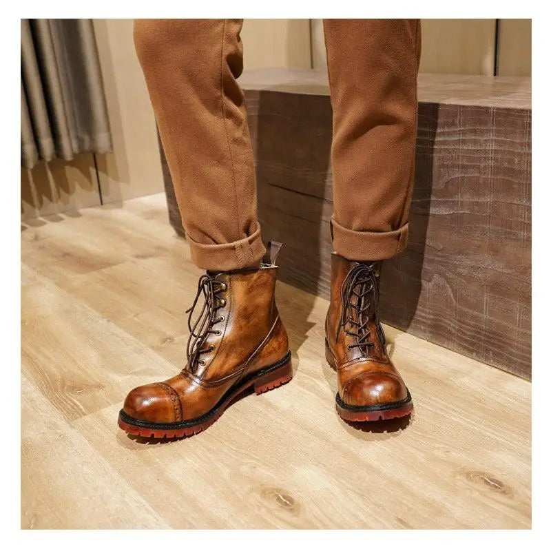 Cow Genuine Leather Motorcycle Boots Brogue Shoes Retro High Big Head Chelsea Men's Boots Ankle Boots For Men Brown