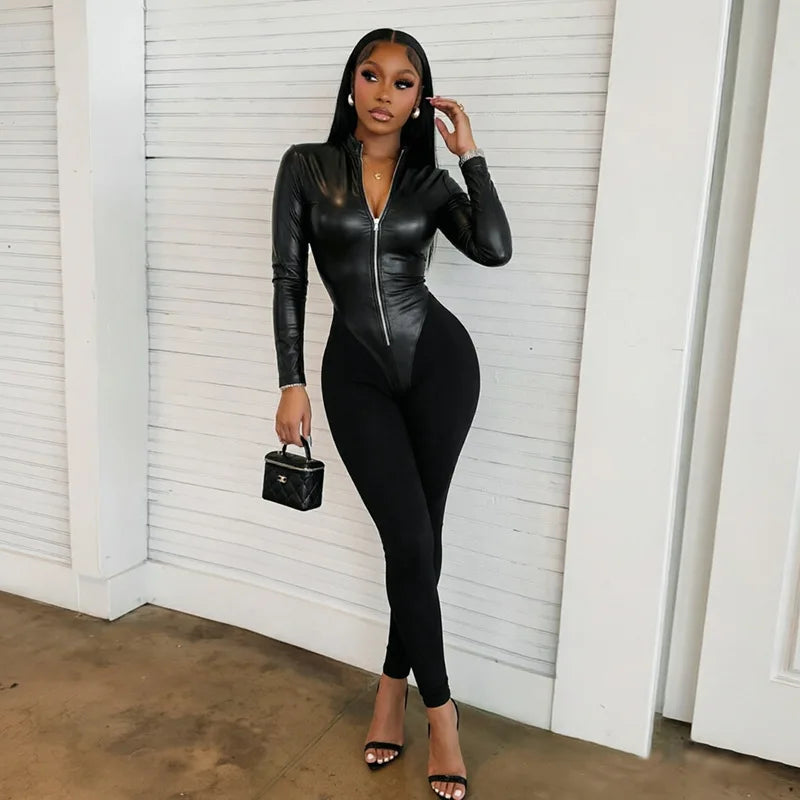 Jumpsuits – PU Leather Patchwork – Skinny – Black | KIMLUD