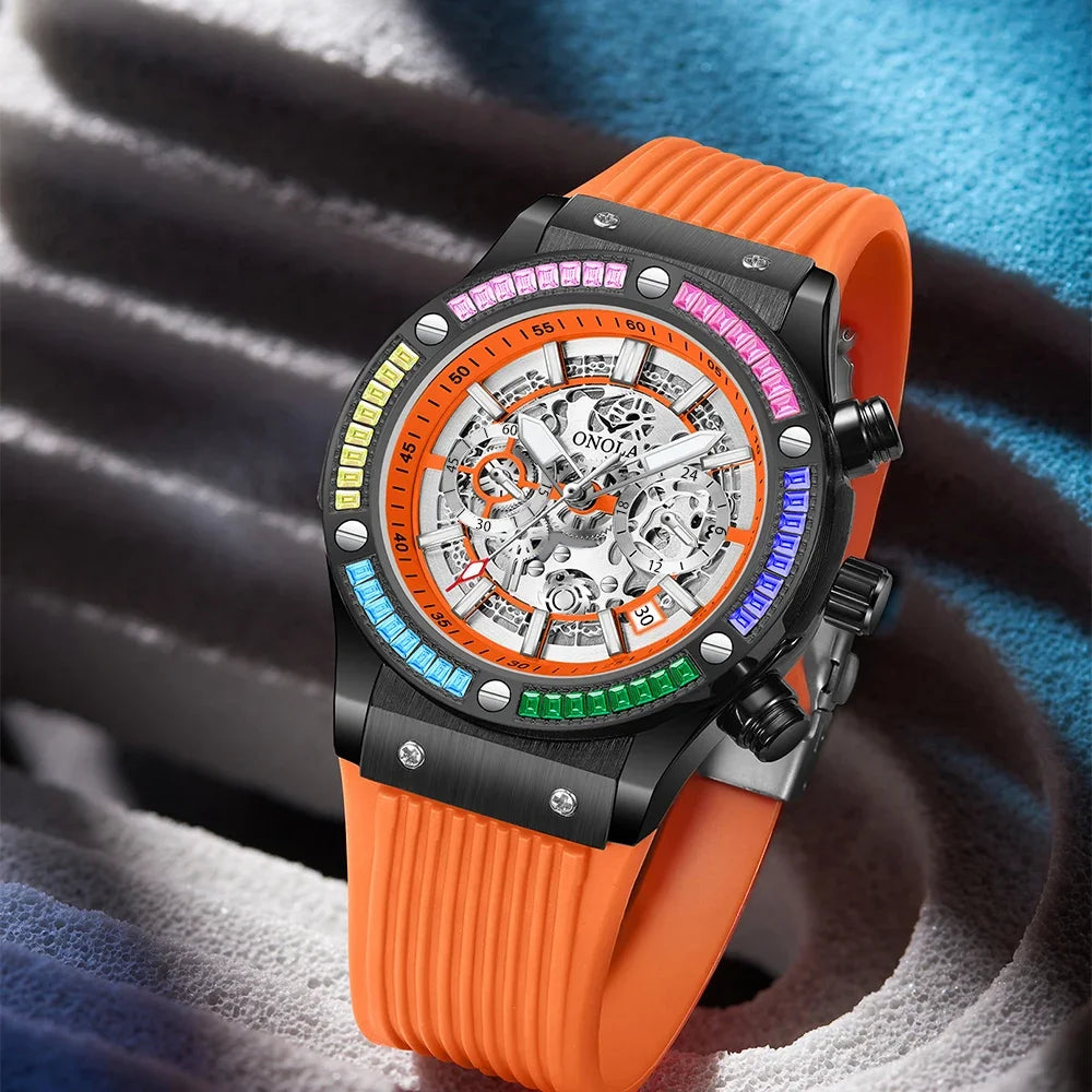 Silicone Strap Rainbow Diamond Watch 45mm Hardlex Dial, Date, Luminous Hands, 3Bar Water Resistant — Rainbow | KIMLUD