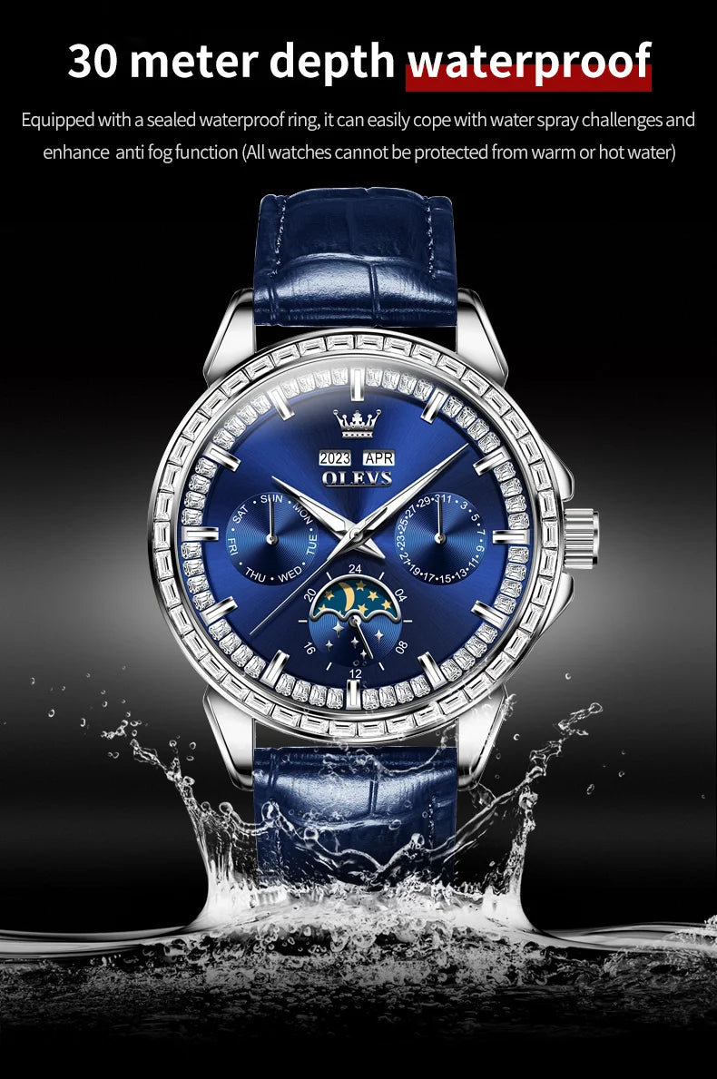 Moon Phase Leather Luxury Watch Diamond Bezel With Automatic Movement 41mm Case — Blue | KIMLUD