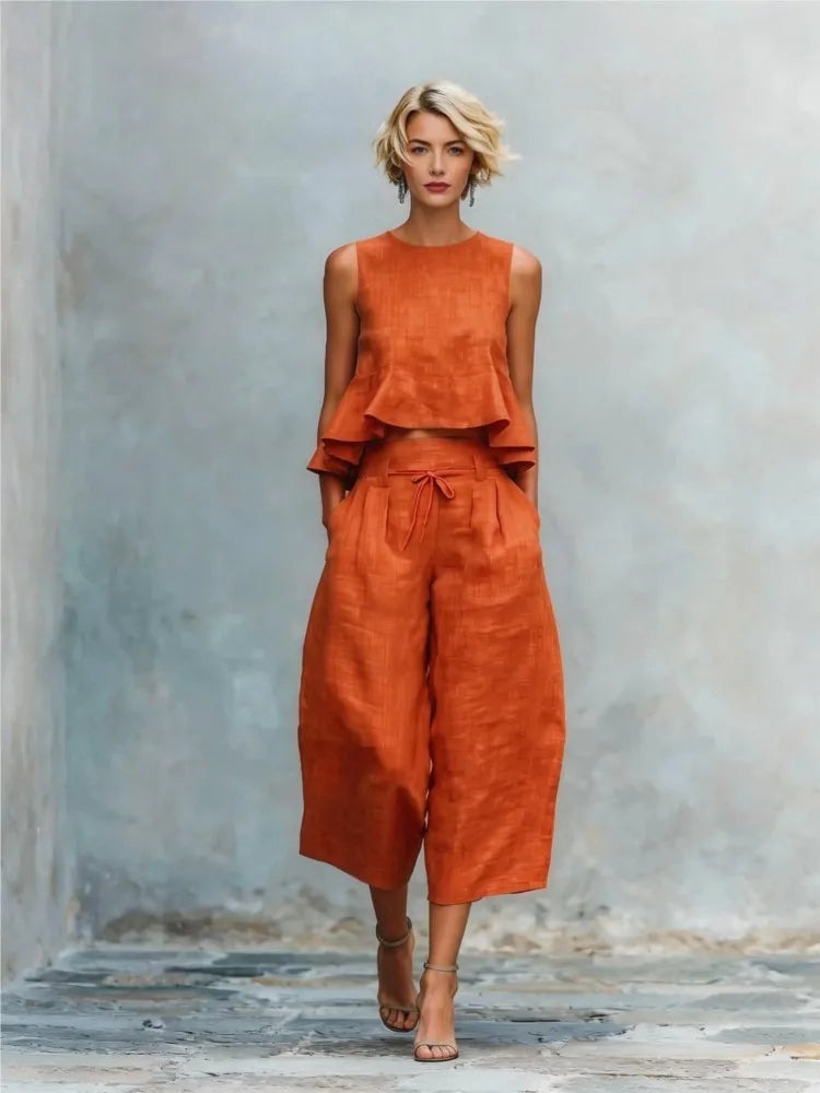 Linen Ruffled Vest Top Two-Piece Set — Ivory | KIMLUD