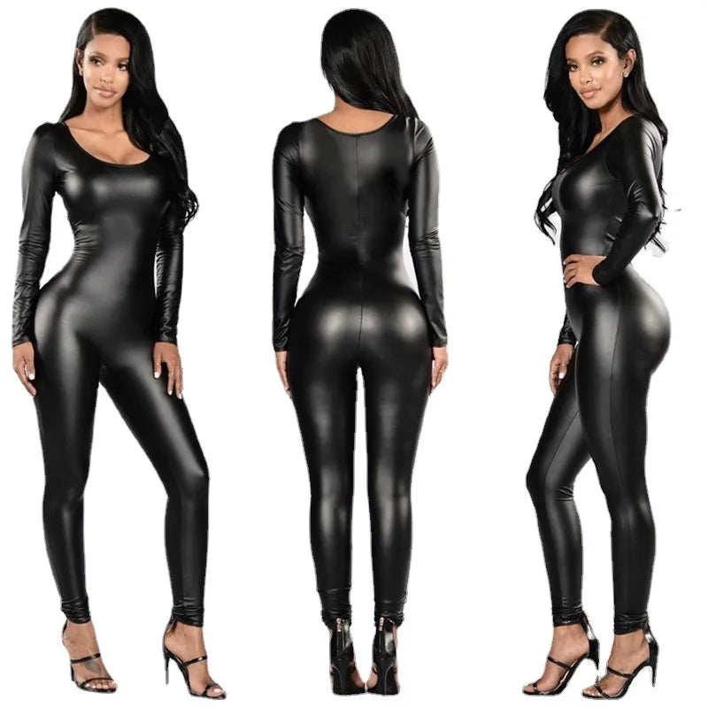 Bodysuit – PU Leather Long Sleeve – Black | KIMLUD