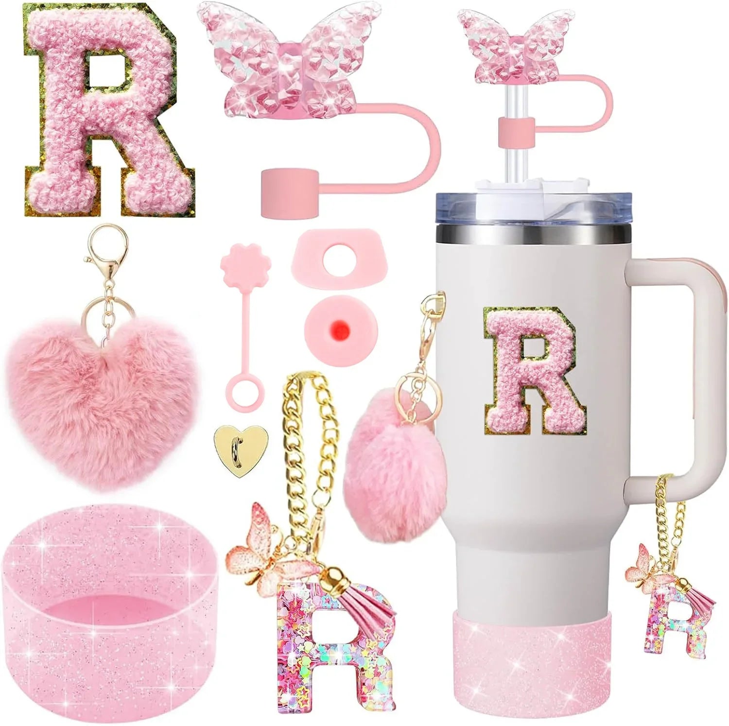 9PCS Cup Accessory Set for Stanley 30oz 40oz Butterfly Straw Cover Cap Silicone Boot Charm Initials Sticker Spill Proof Stopper