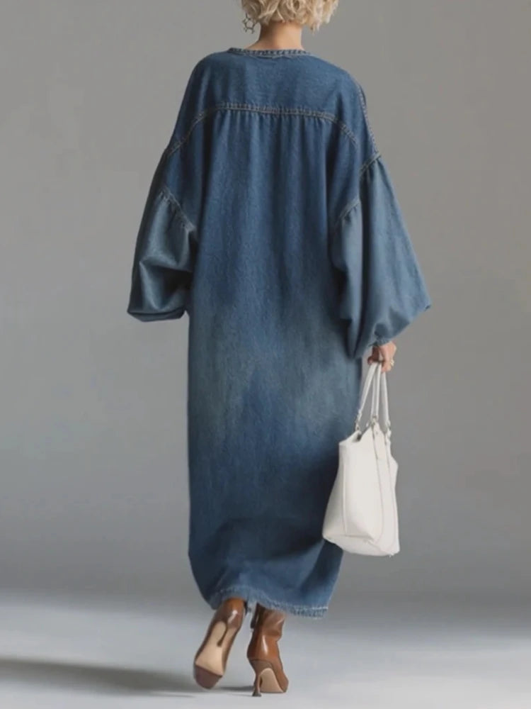 Denim Maxi Dress Single-Breasted V-Neck Lantern Sleeve — Indigo | KIMLUD