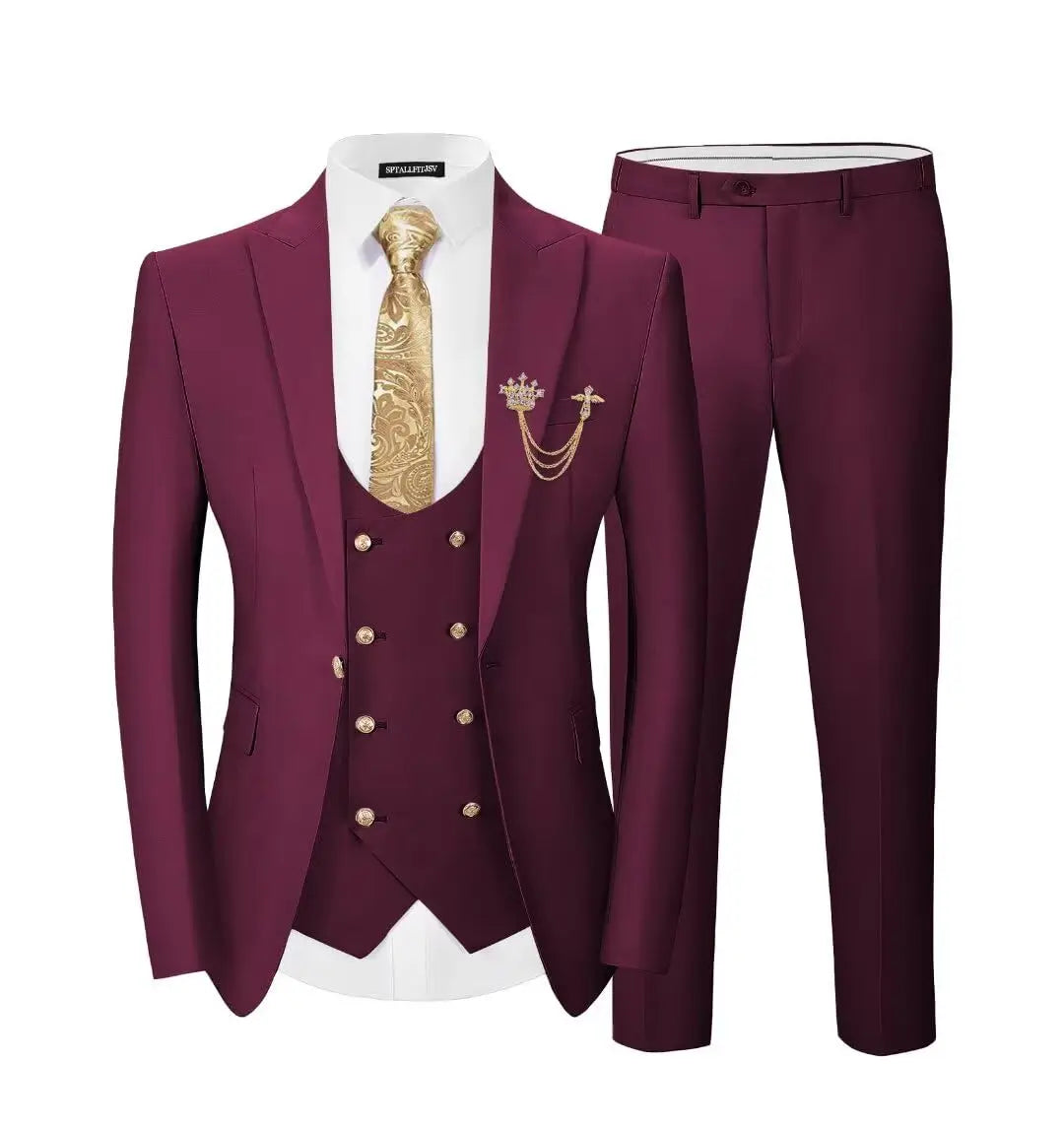 Men's 3-Piece Suit Set Classic One Gold Button Slim Fit Blazer Vest Pants Formal Business Wedding Wear