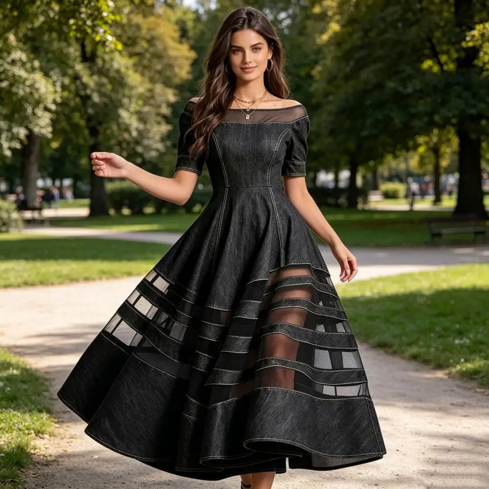 Polyester Patchwork Mesh Off Shoulder Dress — Blue | KIMLUD