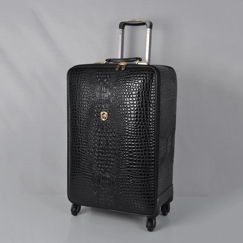 Suitcases Crocodile Pattern Leather Rolling Spinner Wheels — Brown | KIMLUD