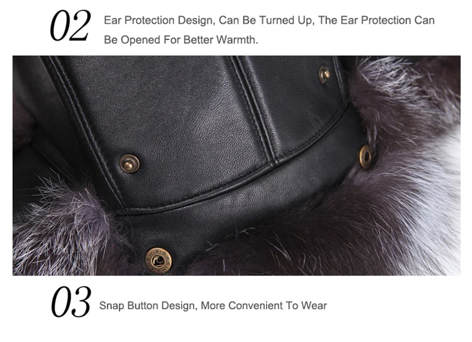 New Winter Men's 100% Real Silver Fox Fur Bomber Hat Raccoon Fur Ushanka Cap Trapper Russian Man Ski Hats Caps Real Leather Hat