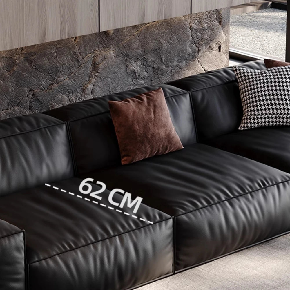 Genuine Leather Sectional Sofa Italian Minimalist Design With Plush Seating — Deep Black | KIMLUD