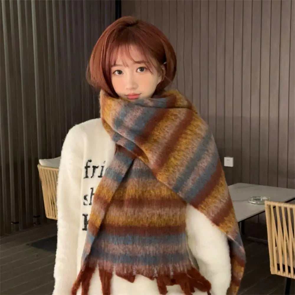 Cashmere Mohair Stripe Pattern Scarf With Tassels — Beige | KIMLUD