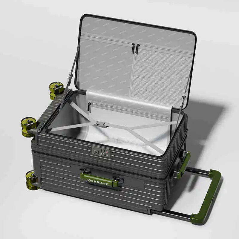 Side opening luggage compartment with expandable 28 inch wide luggage compartment, 20 inch boarding case, 24 inch luggage
