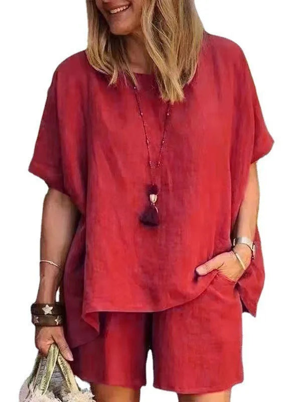 Cotton-Linen Two-Piece Set Plus Size Relaxed-Fit Short-Sleeve Top And Shorts — Steel-Blue | KIMLUD