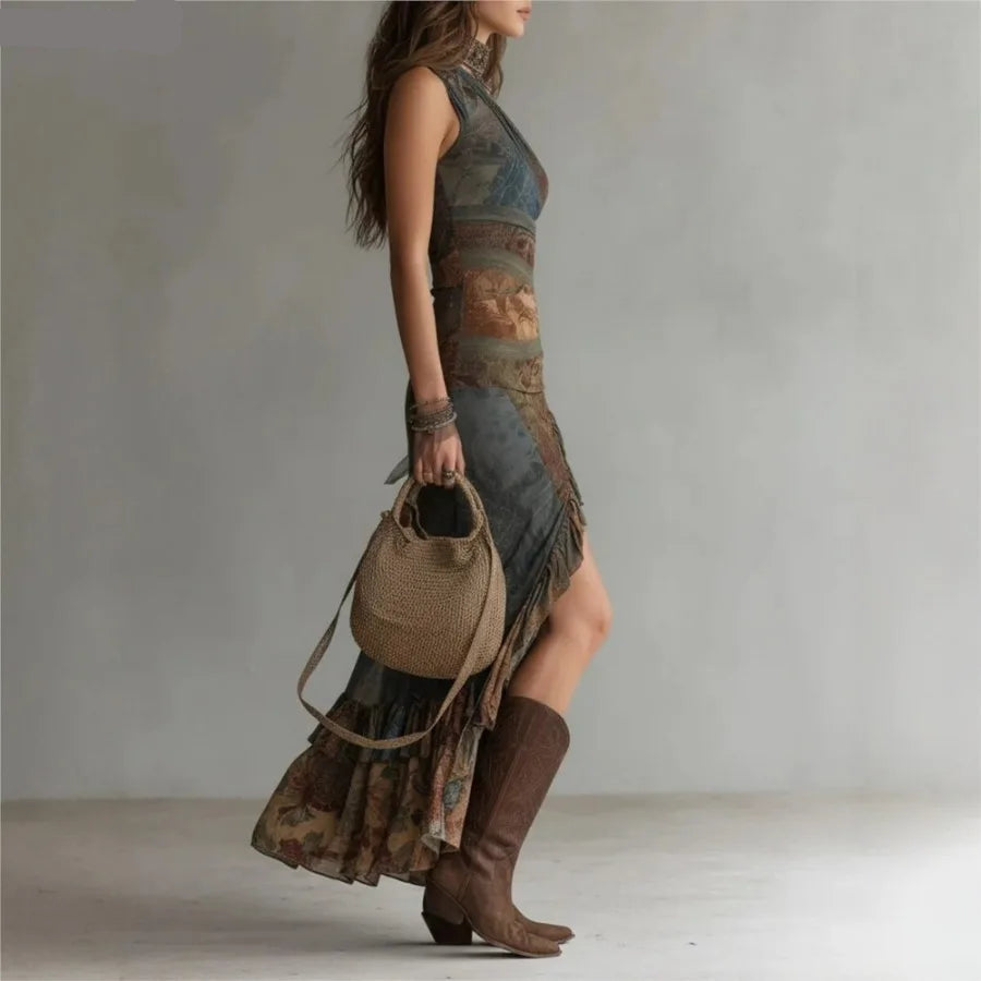 Woman wearing a patterned dress and brown boots holding a woven bag against a plain background.