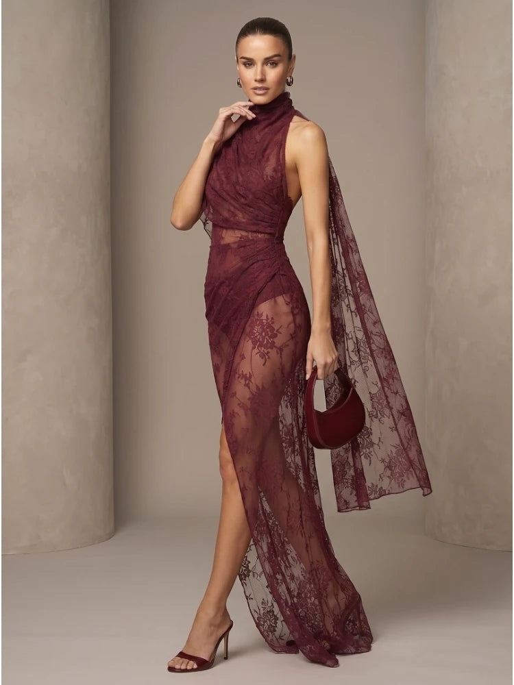 Dress – Backless High Neck Lace Dress – Polyester – Burgundy | KIMLUD