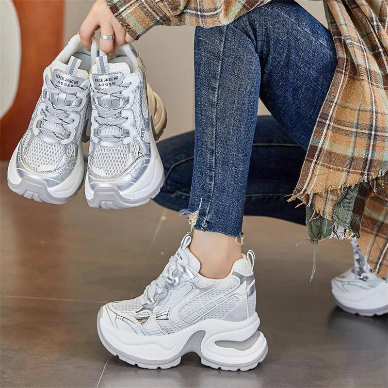 Synthetic Air Mesh Sneakers Platform Wedge — White | KIMLUD