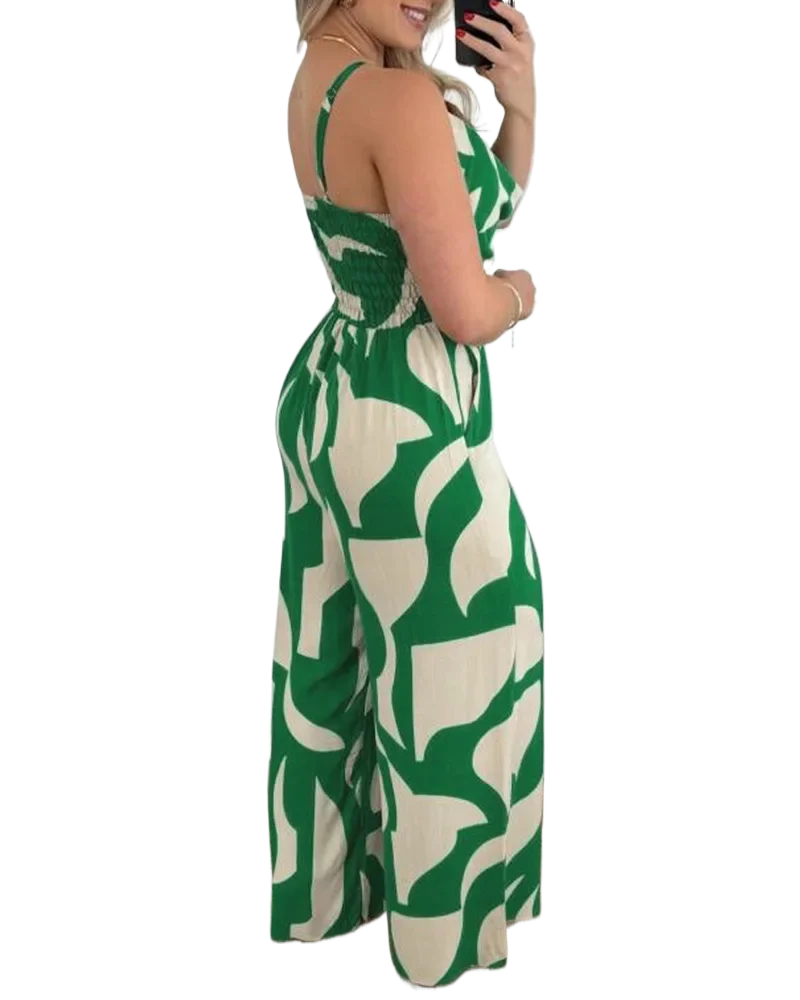 Women Sexy Spaghetti Strap Print Backless Wide Leg Jumpsuits - KIMLUD