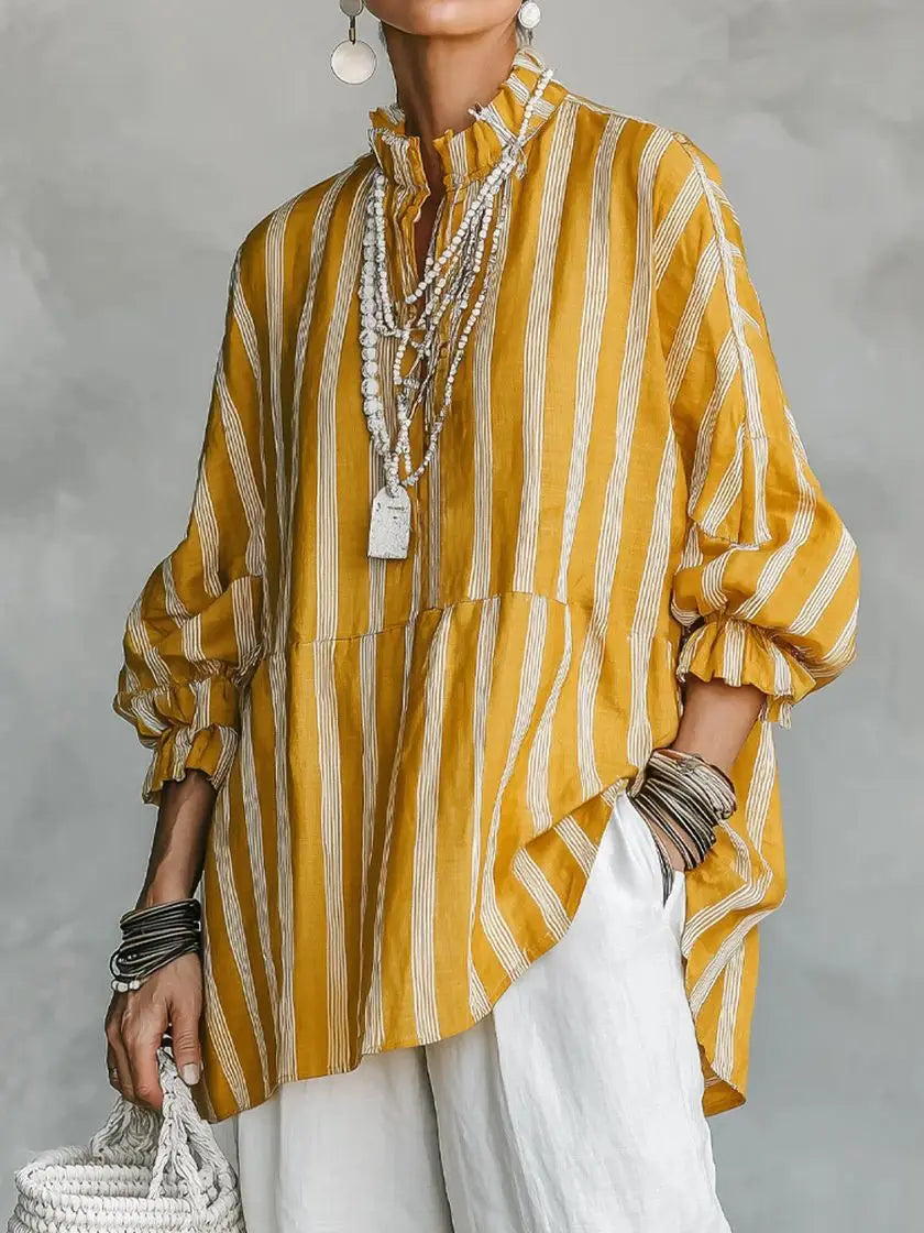 Blouse – Stripes Print – Loose Silhouette – Autumn Casual | KIMLUD