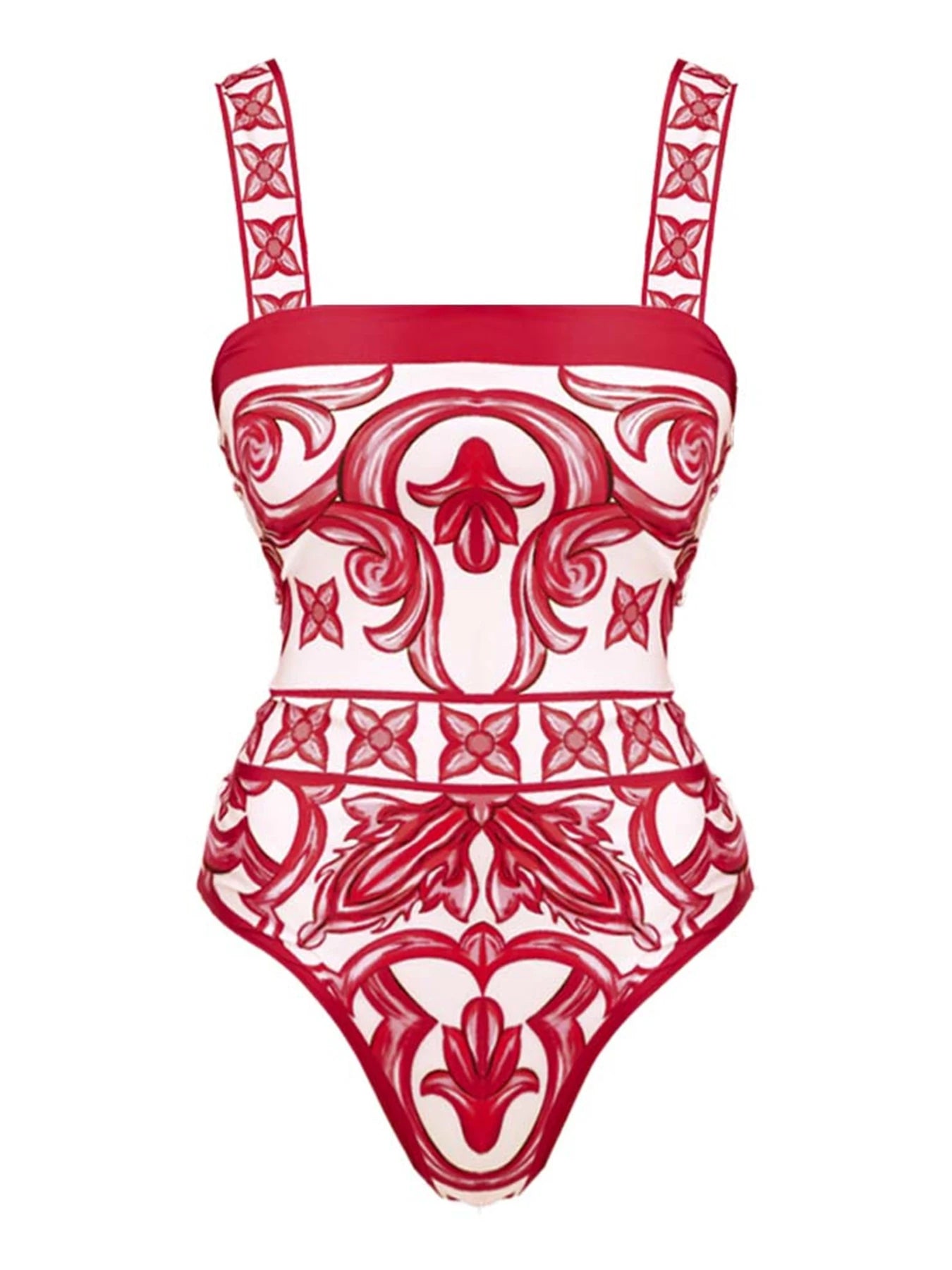 Ethnic Print High Waist One Piece Swimsuit — Red | KIMLUD