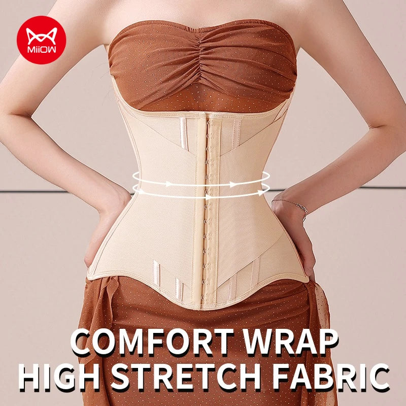U-Shaped Steel Boned Waist Trainer Corset Buttoned Closure — Beige | KIMLUD
