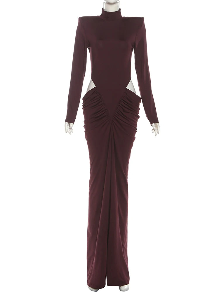 SiSterlinda Ruched Waistless Maxi Dress Women Sexy Shoulder Padded Patchwork Turtleneck Elegant Stretch Skinny Evening Bodycon