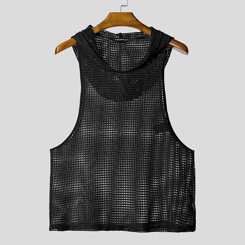 Mesh Hooded See-Through Tank Top For Nightlife — Black | KIMLUD