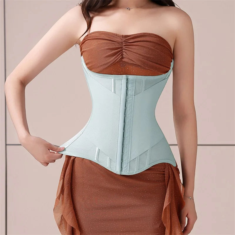 U-Shaped Steel Boned Waist Trainer Corset Buttoned Closure — Beige | KIMLUD
