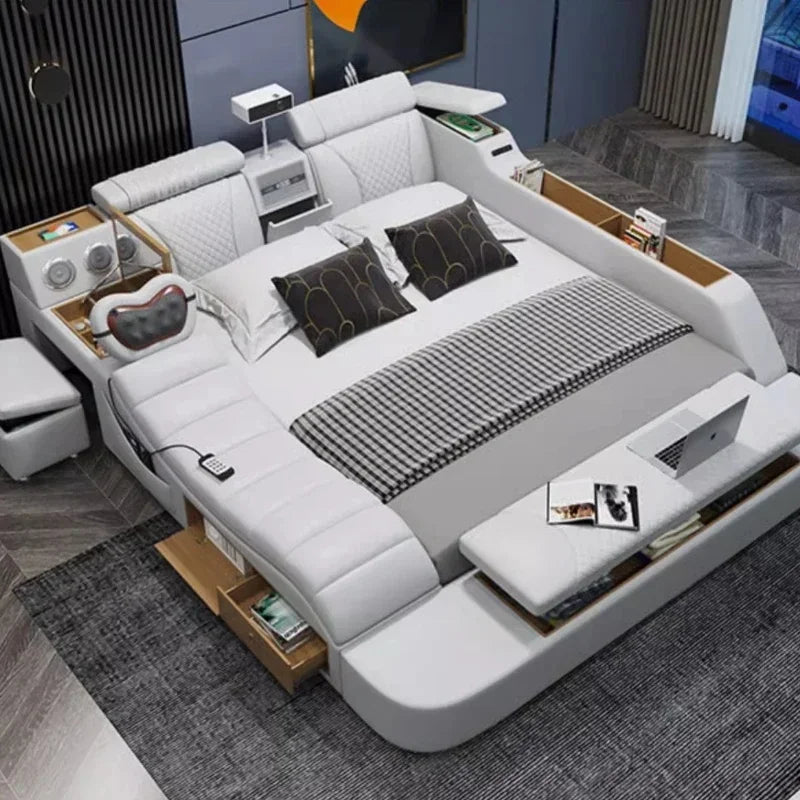 Luxury Smart King Size Bed with Queen Beds, Storage Cabinet, Headboard, and Loft Mattress for California Day Bedroom Furniture