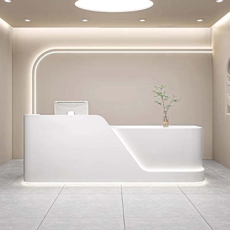 Curved Wood Reception Desk With LED Lights — White | KIMLUD