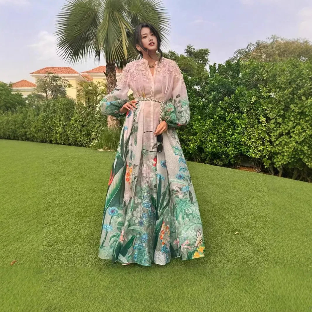 Ele Floral Print Maxi Dr with Single Button Closure And Flower Belt Vaion Wear Polyester Fiber Lantern Sve