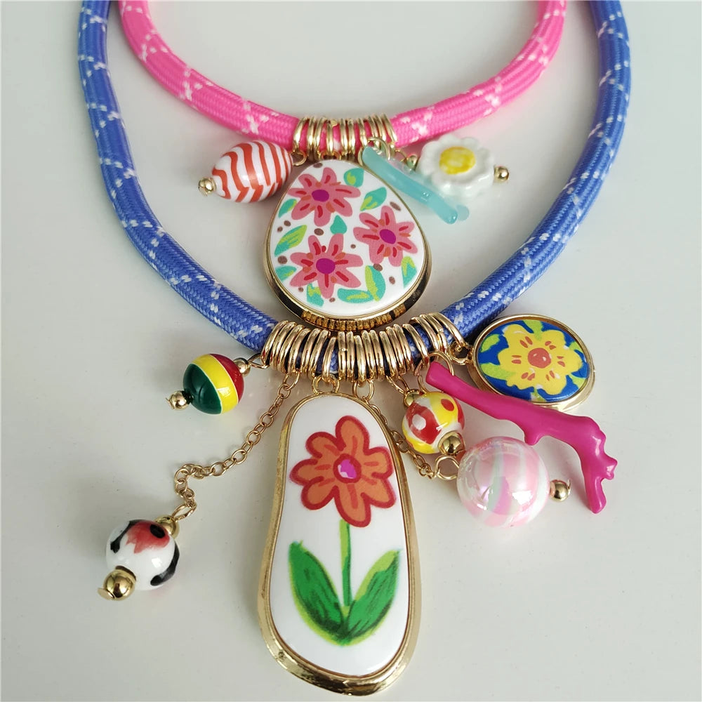 Cord Choker Necklace – Enamel Flower Pendant – Zinc Alloy – Multicolor | KIMLUD