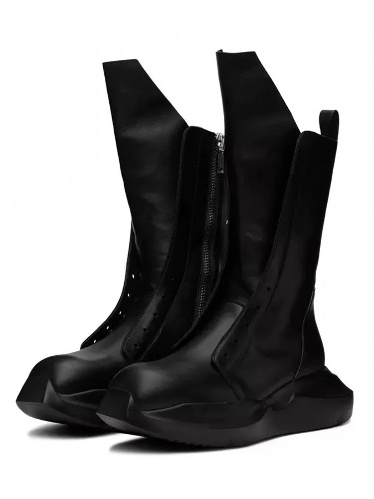 Gothic Men Thick Platform Mid Calf Boots Height Increasing Cowhide Genuine Leather Sneakers Man High Top Moto Biker Safety Shoes