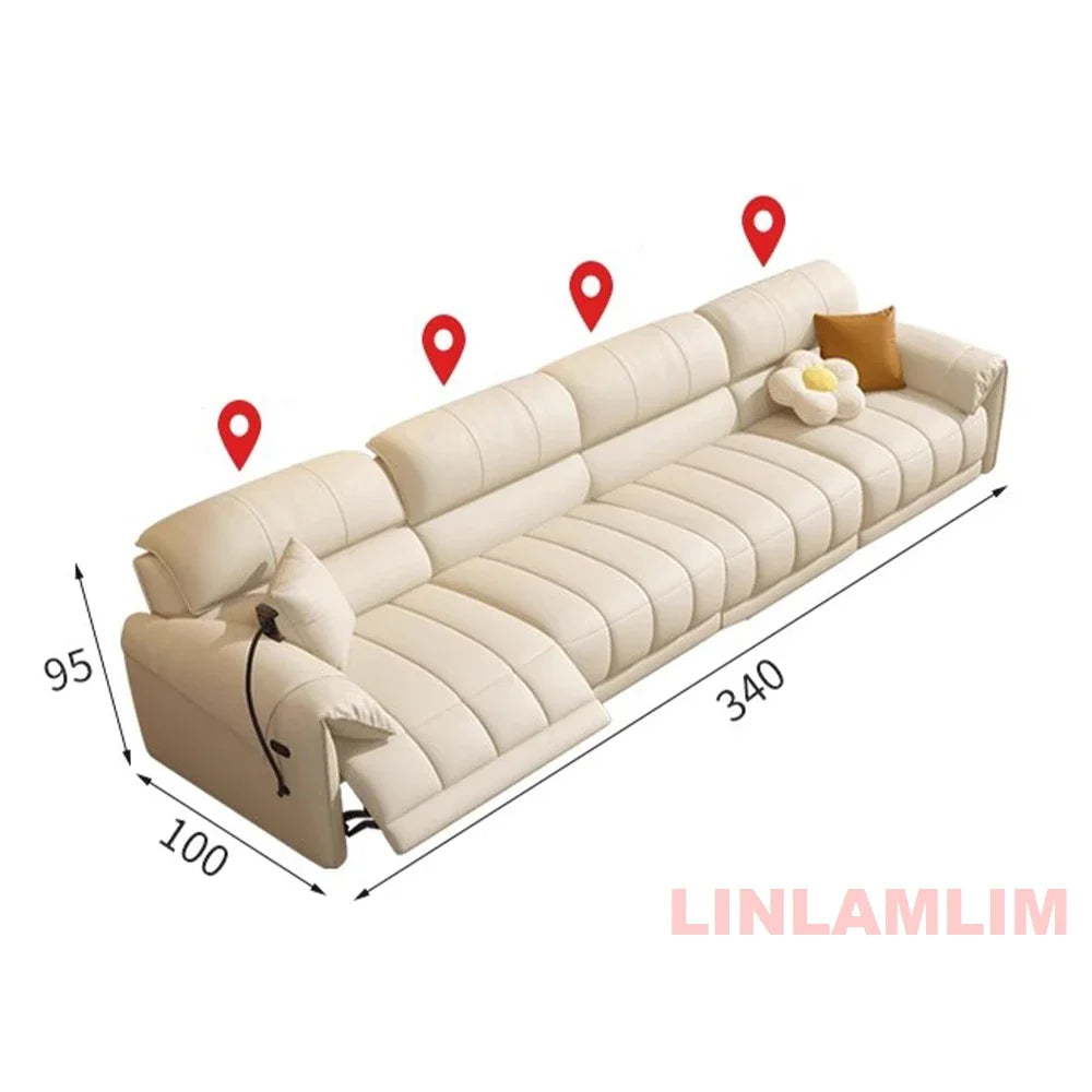 Italian Genuine Leather Electric Reclining Sofa With Adjustable Footrest USB And Foldable Center Console — Caramel Tan | KIMLUD