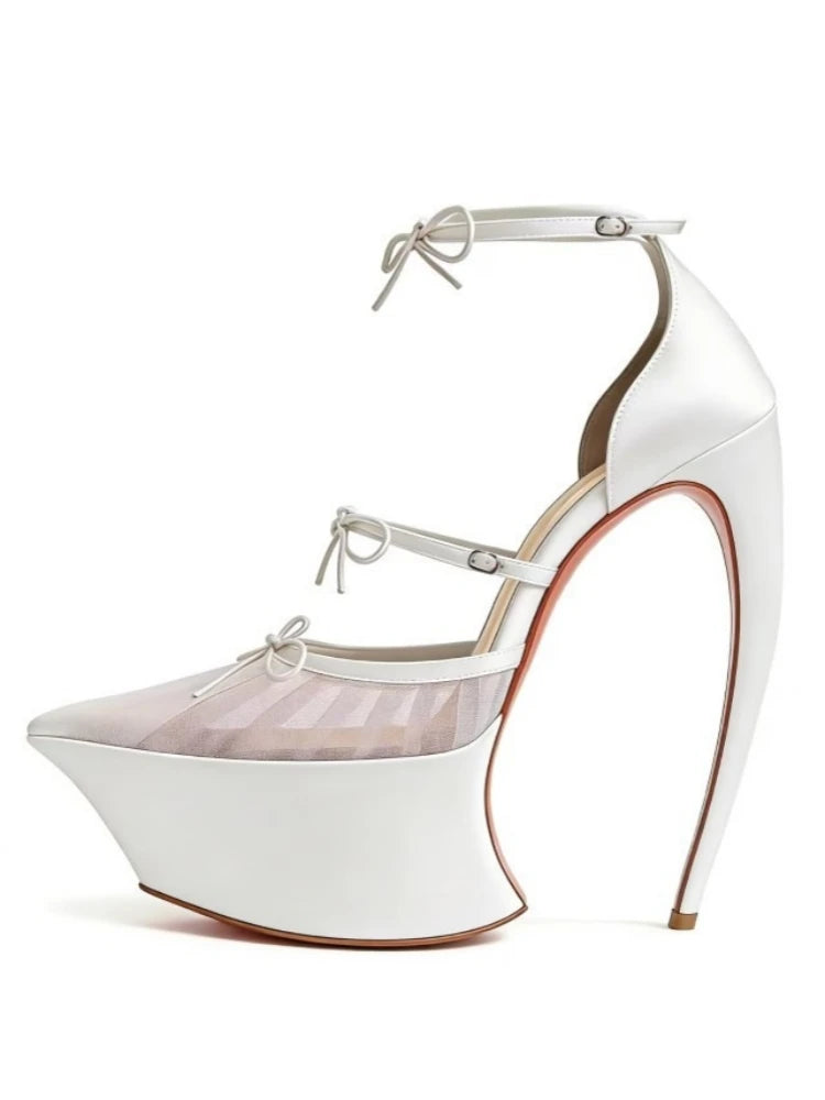 Butterfly-Knot Ankle Strap Pumps Platform — Black | KIMLUD