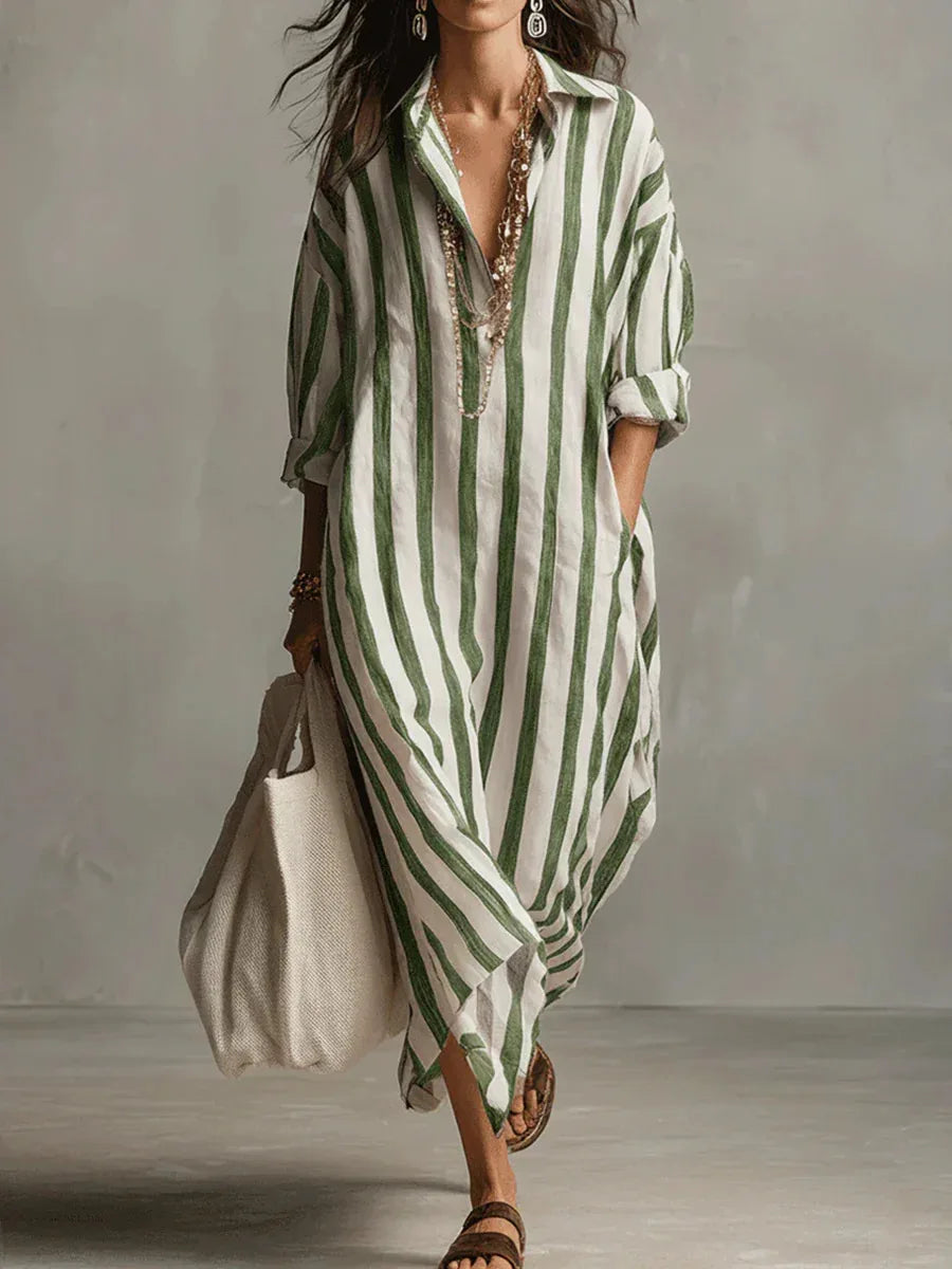 2026Spring Summer Casual Elegant Turn Down Collar  Breathable Dress For Women Party Dress Boho Striped Printed Loose Beach