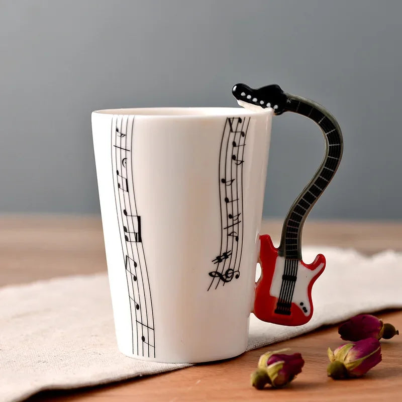 Bone China Mug With Music Note Motif And Delicate Guitar Handle — White | KIMLUD